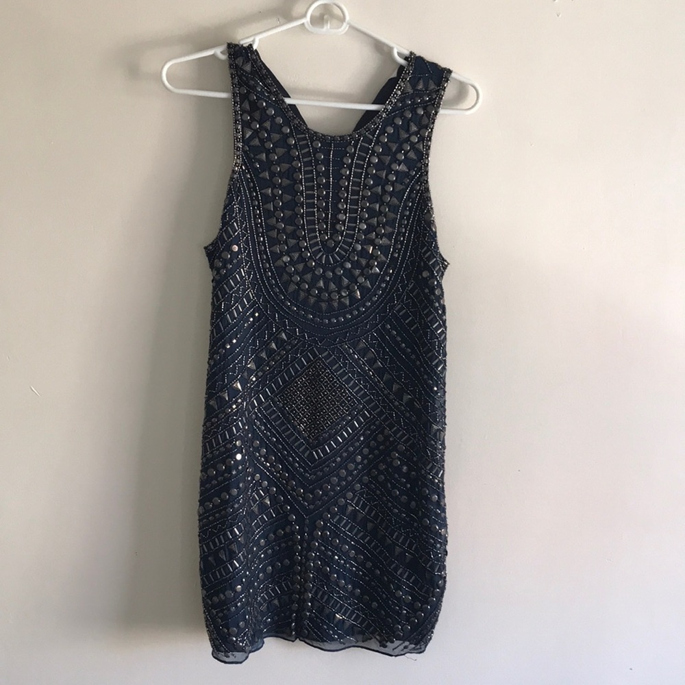 Parker Beaded Dress. Navy with Brass Studs